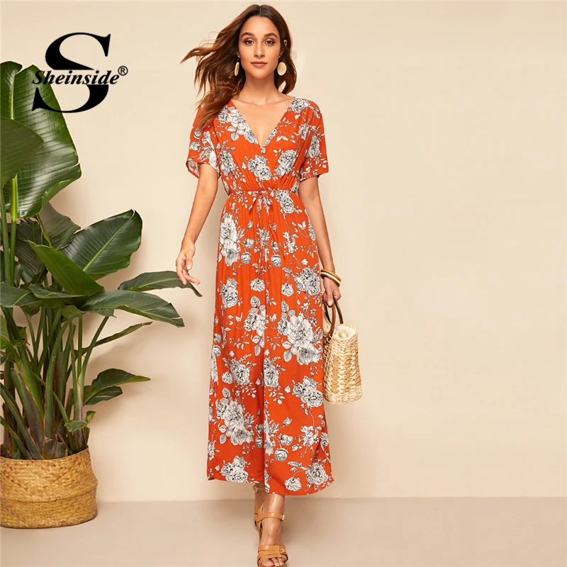 

Sheinside Orange V Neck Wide Leg Jumpsuit Women 2019 Summer Boho Floral Print Trim Jumpsuits Ladies Backless V-cut Jumpsuit