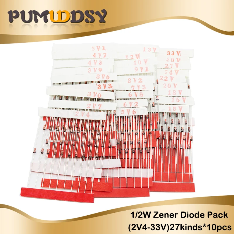 

(2V4 to 33V) 270Pcs 27 Values *10pcs 1/2W 0.5W Zener Diode Assorted kit Assortment Set New