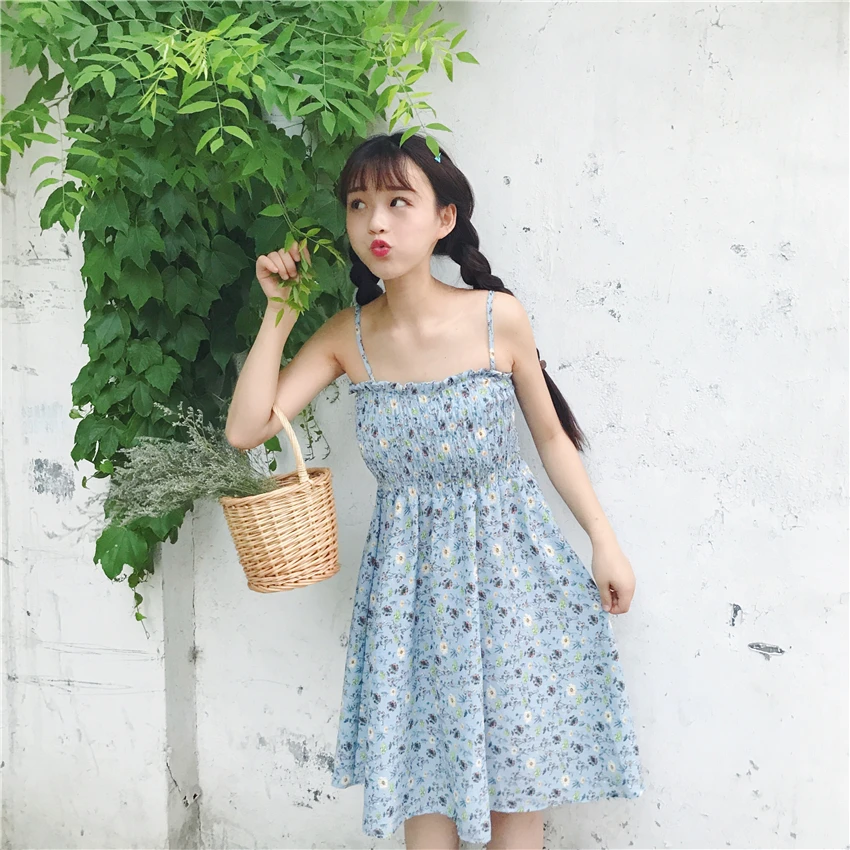 

Women's Clothing summer new sweet floral strapless slash neck sleeveless sexy spaghetti strap Dresses ulzzang kawaii fashion
