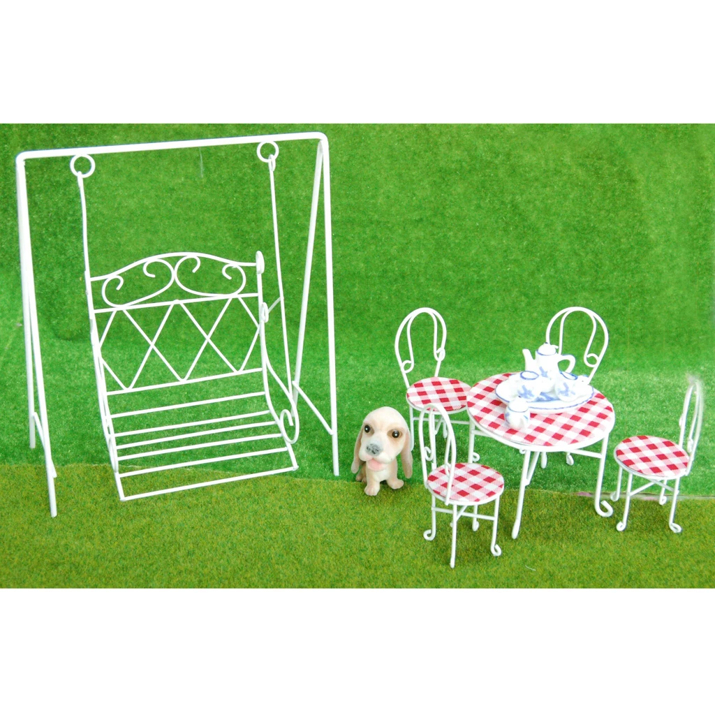 European 1/12 Dollhouse Miniature Fairy Garden Decor Metal Swing & Table Chair & Porcelain Tea Set Accessory