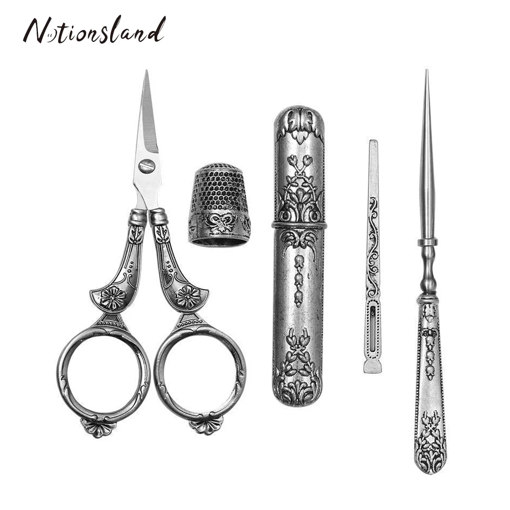 

5pcs/Set Stainless Steel Vintage Sewing Scissors Set Sewing Kit Thimble Needle Case Tailor's Scissors For Sewing Tool