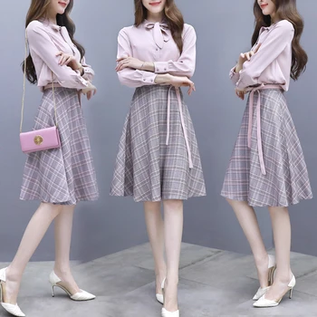 

Loose 2019 New Chic 2 Piece Set Women Elegant Fashion Single Breasted Two Piece Set Bow Plaid Bow High Waist Conjunto Feminino
