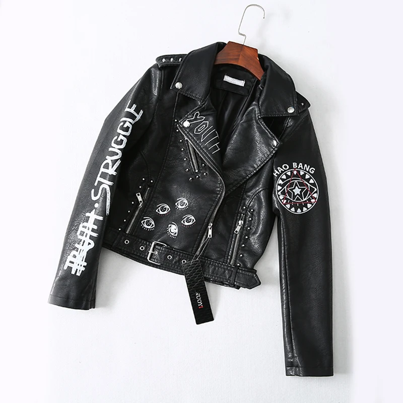 

2019 spring and autumn leather jacket women's slim short leather rivet embroidery motorcycle leather coat female clothing black