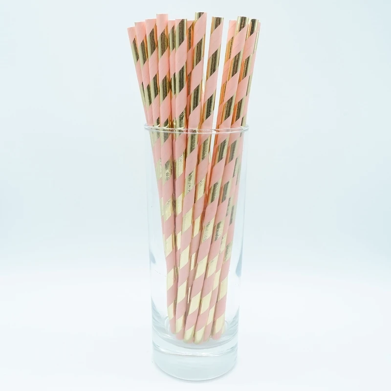

25pcs Pink Gold Paper Straws for Baby Shower Wedding Party Kids Birthday Party Decoration Supplies Paper Drinking Straws