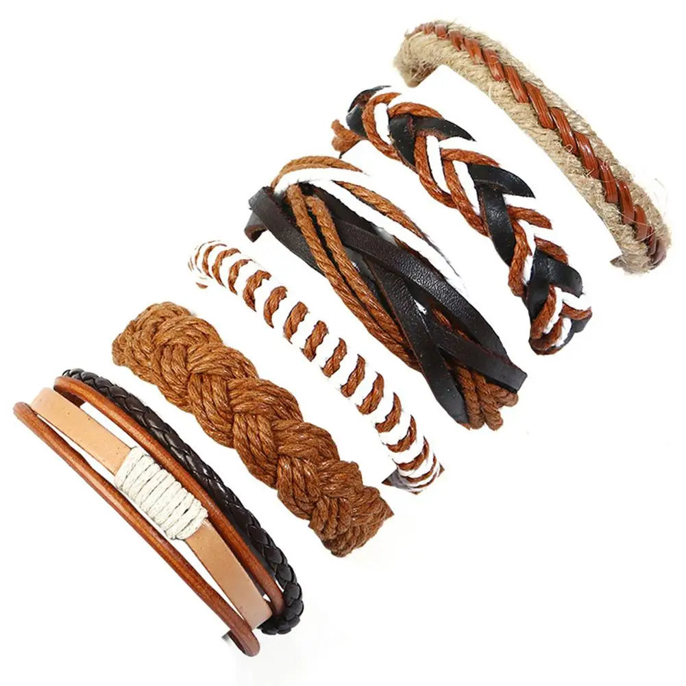 

6Pcs Vintage Men Braided Rope Faux Leather Wrist Bracelet Set Jewelry Gifts New