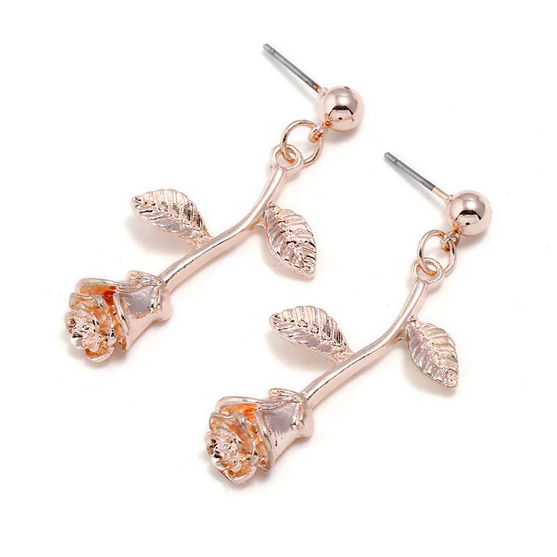 Fashion Womens Alloy Flower Rose Drop Metal Simple Floral Earrings Jewelry For Girls