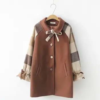 

Plaid patchwork bow thicken cotton In The Long Paragraph coats female Flare sleeve loose jackets women Woolen outerwear gx1709
