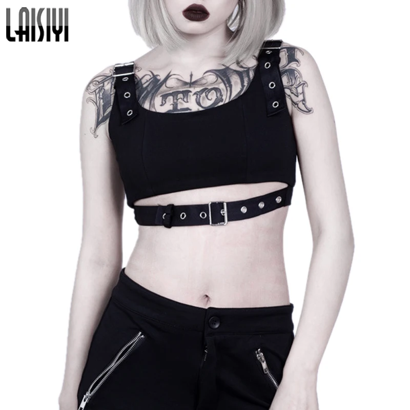 

LAISIYI Streetwear Tank Tops Rock Sleeveless Hollow Out Crop Top Biker Belt Buckle Fashion Tops Summer Vests Camis ASVE20670