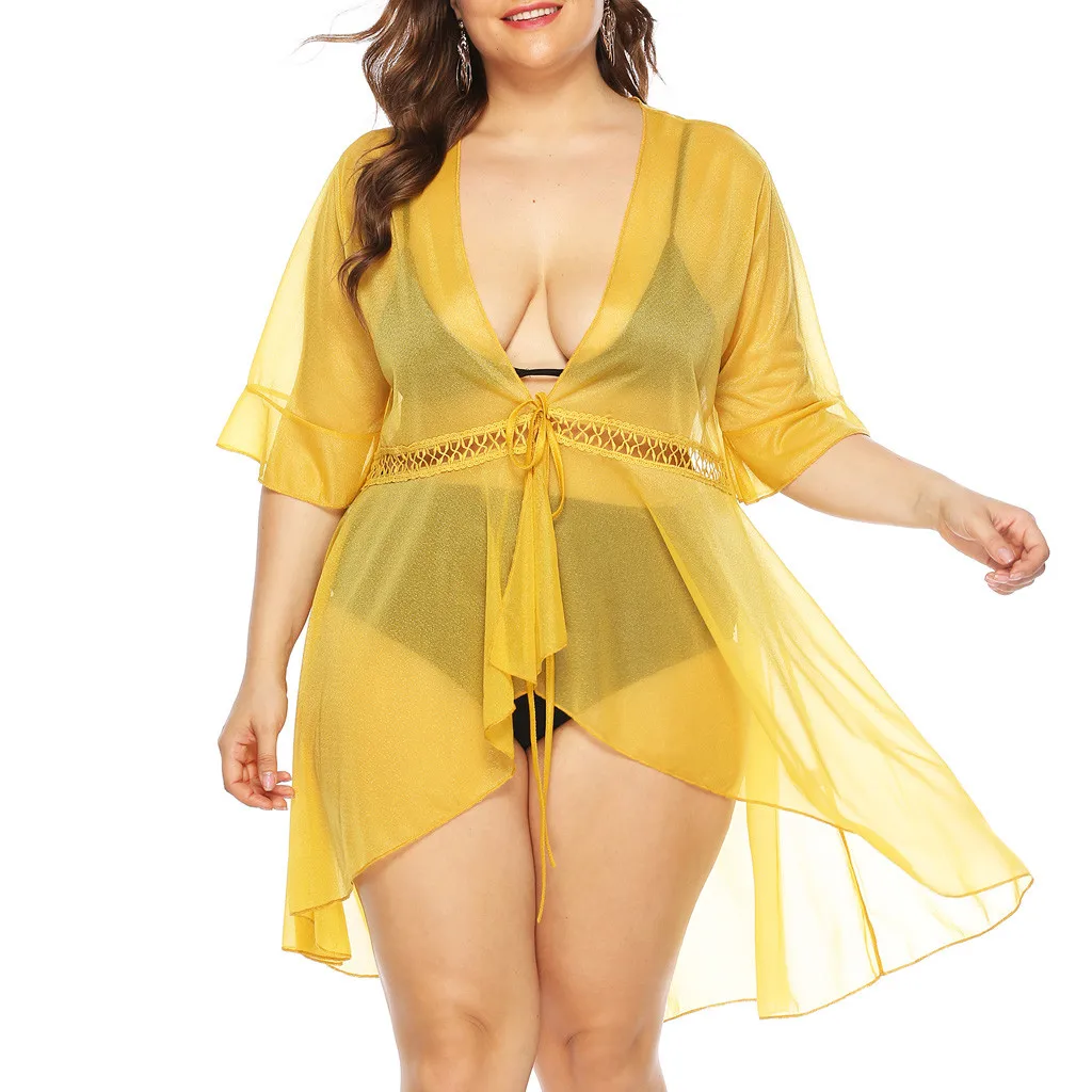 Страуса женская мода лето сексуальная прозрачная сетка большой размер платье Желтый тренд кружева крючком пляжное удобное платье