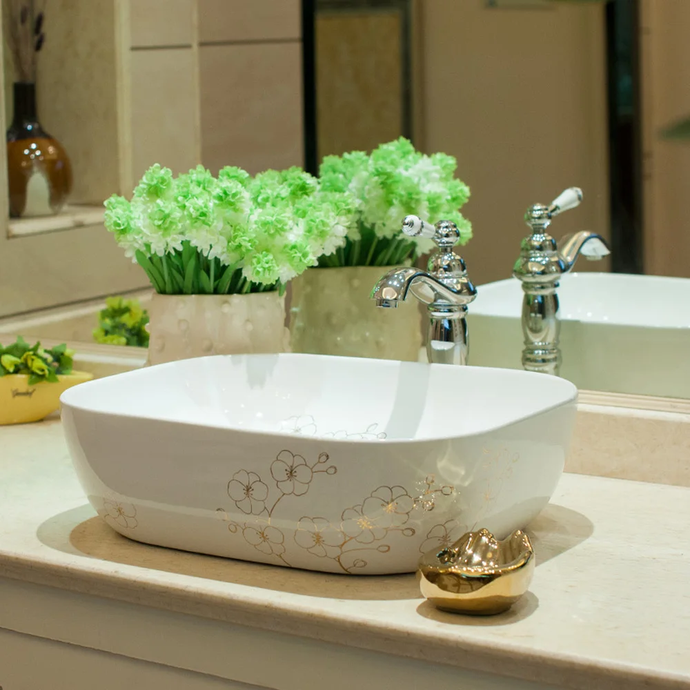 Bathroom above counter basin ceramic bathroom vanity bathroom sink basin small gold flower LO620447 Bathroom above counter basin ceramic bathroom vanity bathroom sink basin small gold flower LO620447