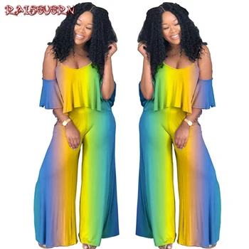 

RAISEVERN Summer Women Loose Jumpsuit Geometric Print Strap Ruffle Harem Long Pants Romper Oversize Casual Wide Leg Jumpsuit