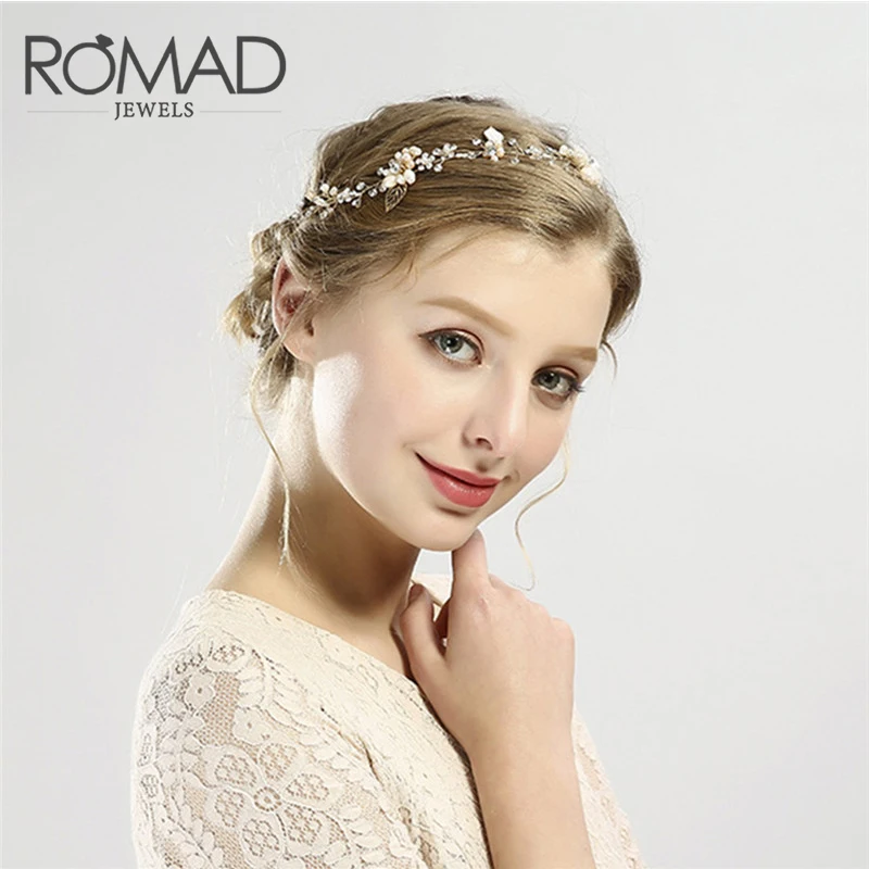 

Romad New Crystals Flower Leaf Tiara Wedding Headband For Girls Pearls Bridal Hair Jewelry Accessories Women Crown Hairband R5
