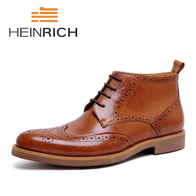 HEINRICH 2018 New Spring Man Brown Boots Vintage Brogue Style Men Shoes Leisure Lace-Up Leather Martin Boots Zapatos Hombre