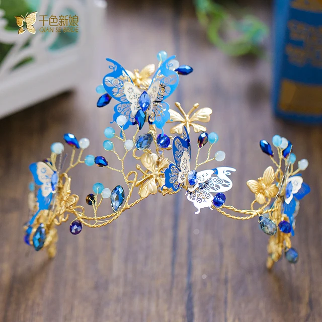 Aliexpress Fashion Gold Color Crown Blue Rhinestone Fashion Gold Color Crown Blue Rhinestone Hairband Tiara Crystal Erfly Hairwear Bride Headpiece Wedding Accessories