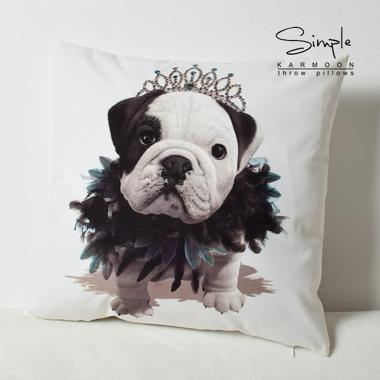 Bulldog Feather Crown Velvet Cushion Cover Cute Bulldog Throw Pillow