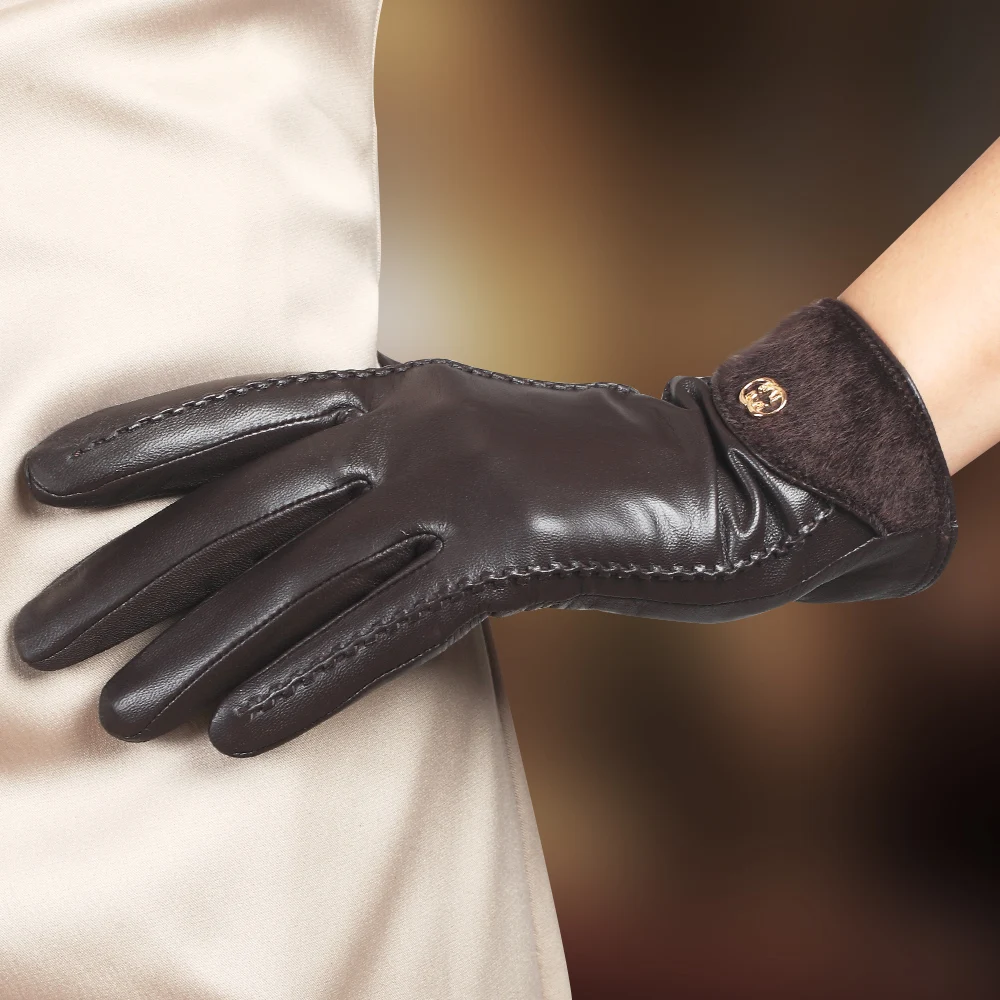 Top Fashion Goatskin Solid Genuine Leather Gloves Women Wrist Fur