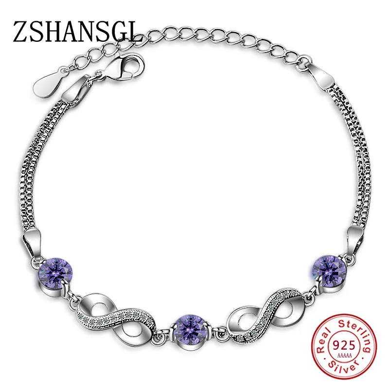 

Trendy 925 Sterling Silver Infinity Charm Bracelet For Women Purple Crystal with CZ 8"Shaped Bracelet Engagement Jewelry Gift