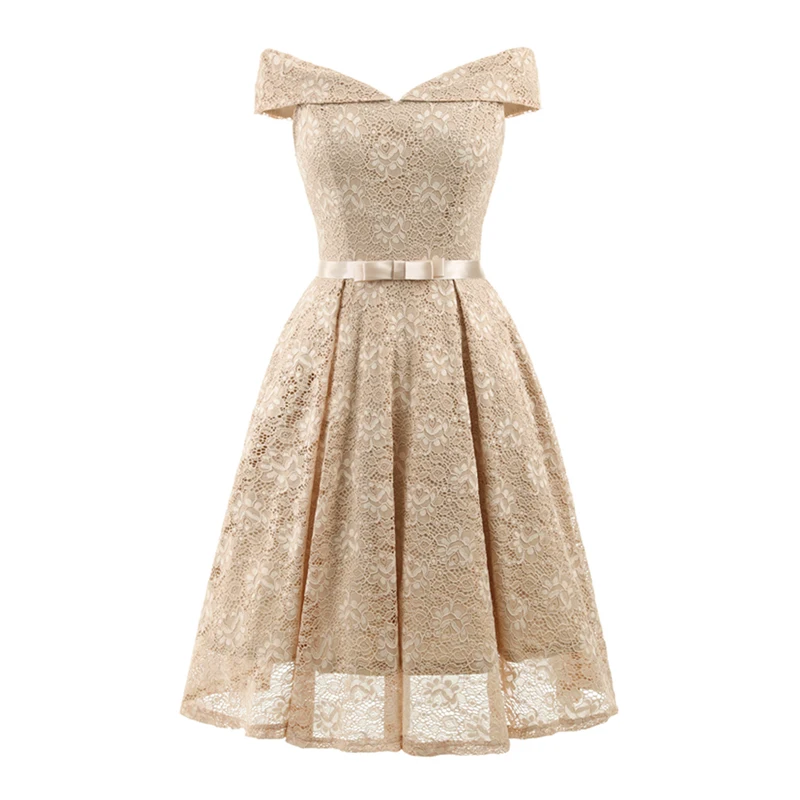 

Women Lace Dress Elegant Ladies Skater Dress Off the Shoulder Bow Pleated A-Line Bridesmaid Party Dresses female Vestidos Gowns