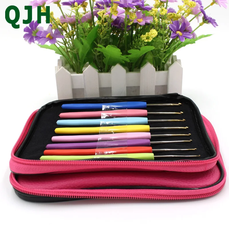 QJH 2 категории многоцветный 16 шт. пластиковые ручки и глинозема крючки для вязания игл Пряжа Вязание Ремесло чехол Комплект