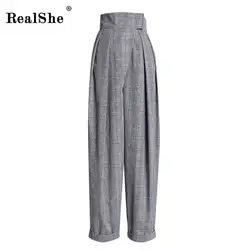 RealShe модные брюки с высокой талией женские на молнии летающие клетчатые длинные брюки женские весна лето Модные уличные широкие брюки