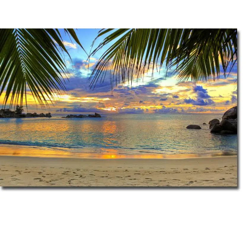 NICOLESHENTING Закат-Гавайский пляж океан морские волны Искусство Шелковый плакат печать 13x20 24x36 дюймов картинки Гостиная кокосовое дерево 008
