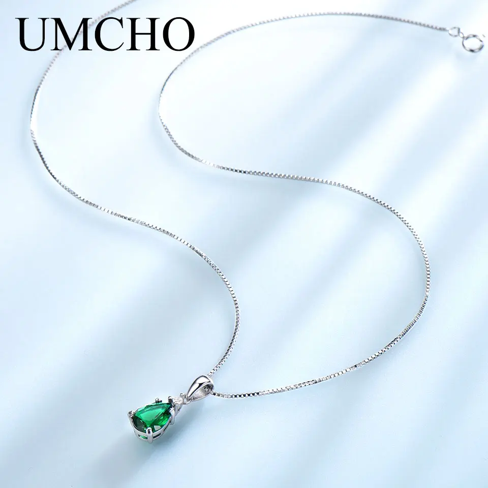 UMCHO, настоящее 925 пробы, Серебряное ювелирное изделие, груша, темно-зеленый изумруд, ожерелье, Подвеска для женщин, свадебное, обручальное, ювелирное изделие с цепочкой