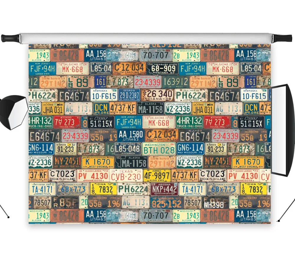 

LB Polyester & Vinyl Many Old License Plate Numbers Mosaic Retro Studio Backdrop Photography Photo Props Photographic Background