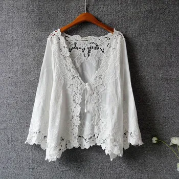 

Summer Casual Sweet Hollow Out Shirt Cardigan Women Leaves Floral Embroidery Mori Girl Sunscreen Beach Shawl Cardigan U536