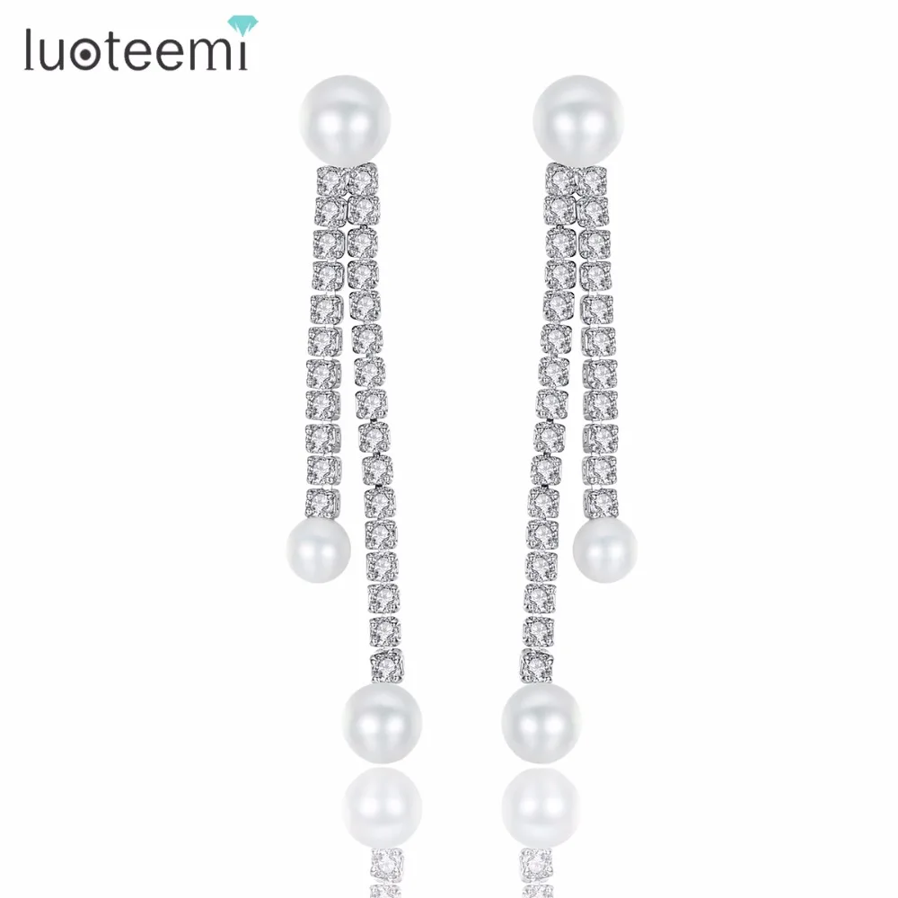 

LUOTEEMI Charm Fascination Enchantment Loveliness Clear Drop Earrings Copper CZ Simulate Pearl Long Line Gift For Mom Girlfriend