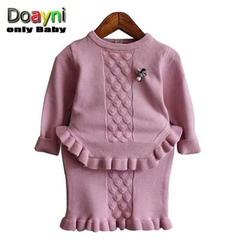 

Doayni Baby Girls Boutique Clothing Sets Knitted Sweater + Knitted Skirt Autumn Children Clothes Brooch as gift Red Pink 2 to 6Y