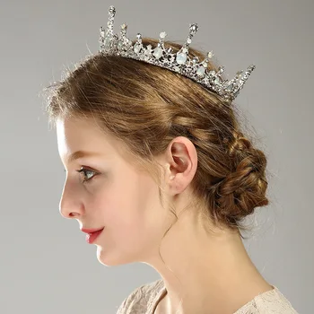 

Baroque Vintage Style Round Big Crown Wedding Hair Accessories Luxury Crystal Queen King Crowns Bridal Hairband Tiaras