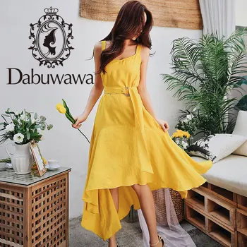 

Dabuwaw Summer Yellow Swing Maxi Dress Women Girls New Sleeveless Asymmetrical Strap Long Party Vest Dresses DN1BDX003