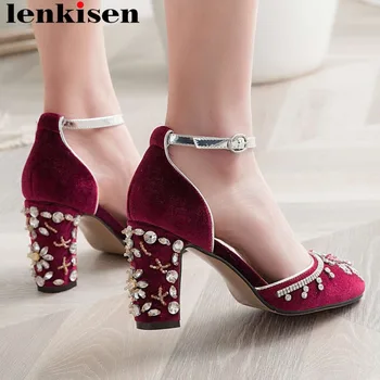 

Lenkisen European Ethnic style glitter crystals decoration buckle strap high heels hollow women pumps plus size party shoes L58