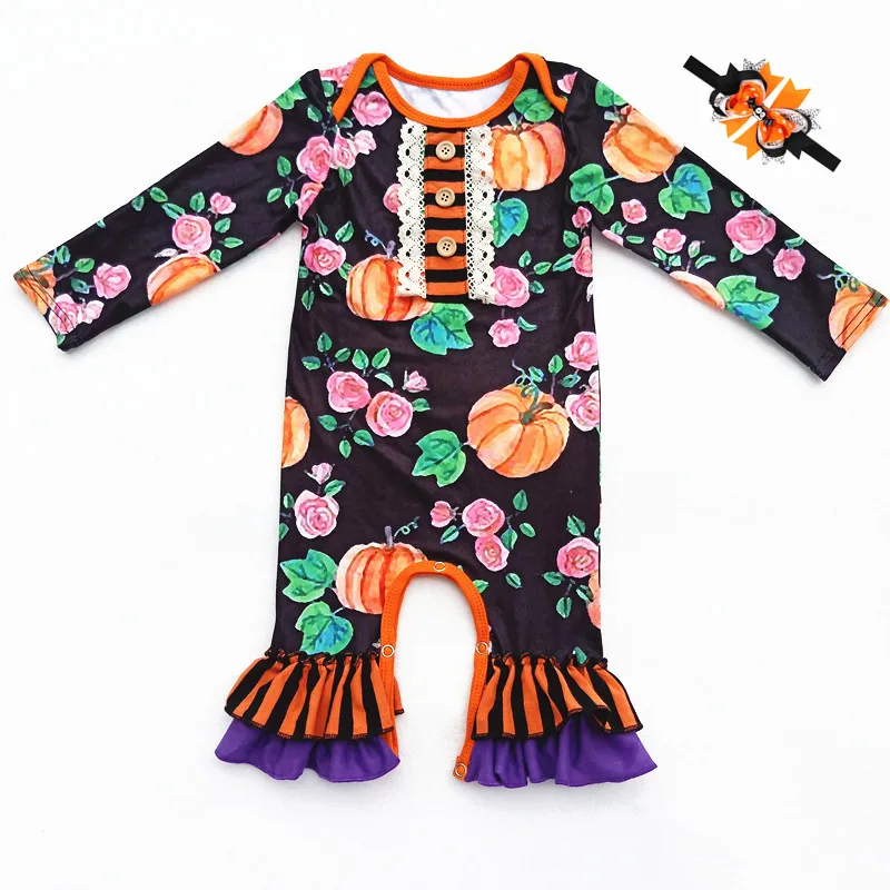 Halloween Baby Girls Romper Pumpkin Floral Print Long Sleeve Fall/Winter Girls Ruffle Romper