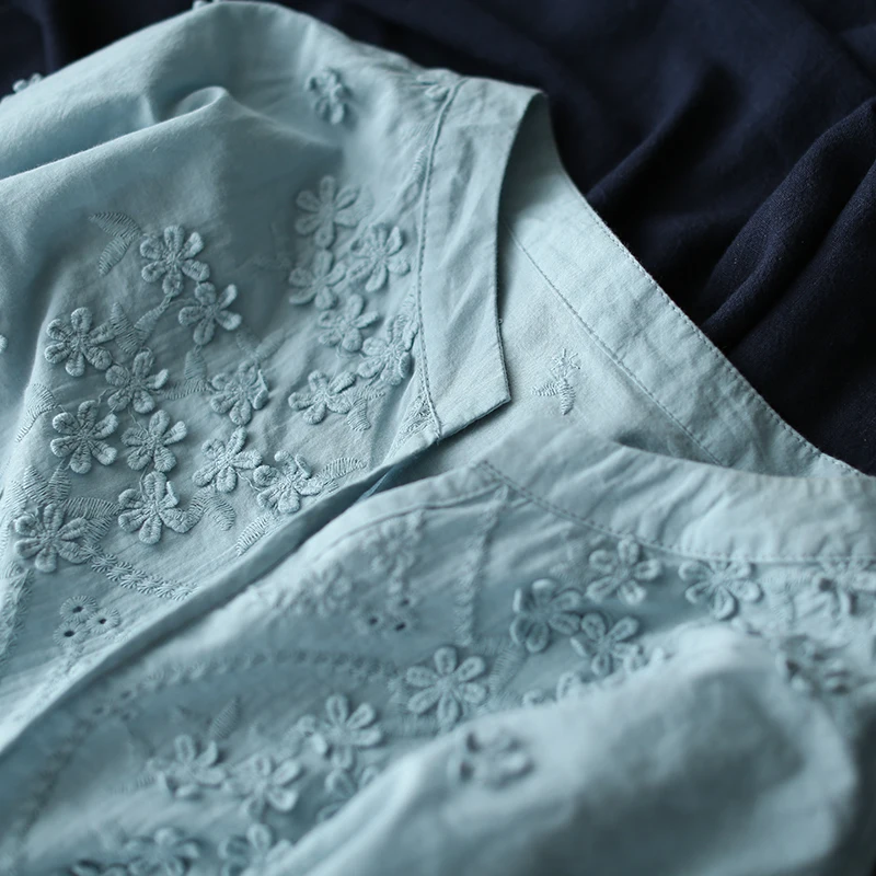 

Surface flower embroidery v-neck long sleeve cotton shirt blouse autumn mori girl