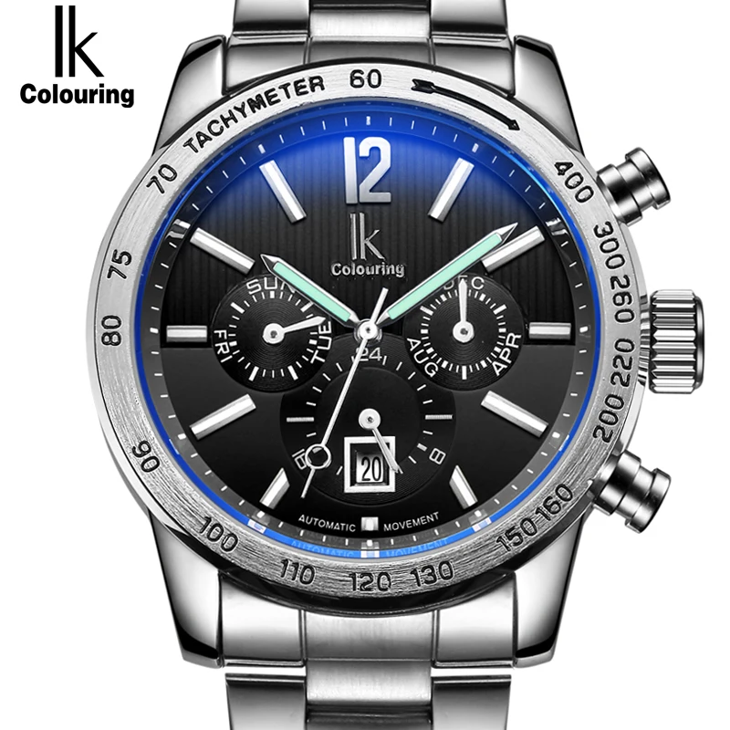 

IK Brand Luxury Automatic Mechanical Men's watch 24 Hours Calendar Luminous Silver Full Steel Business clock Timepieces relojes