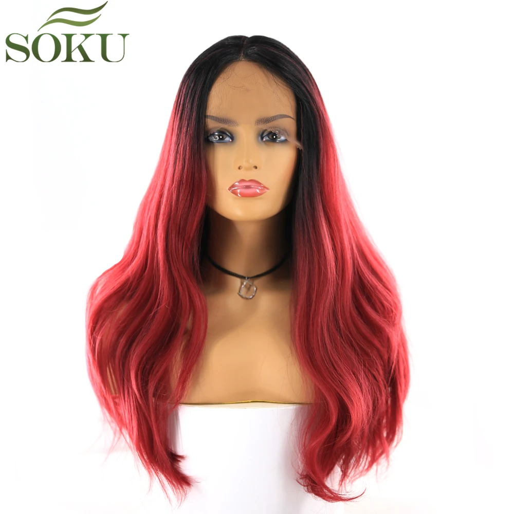

SOKU Synthetic Lace Front Wigs 16 Inch Long Straight Middle Part Wig Dark Root Burg Color 150% Density Wig For Women