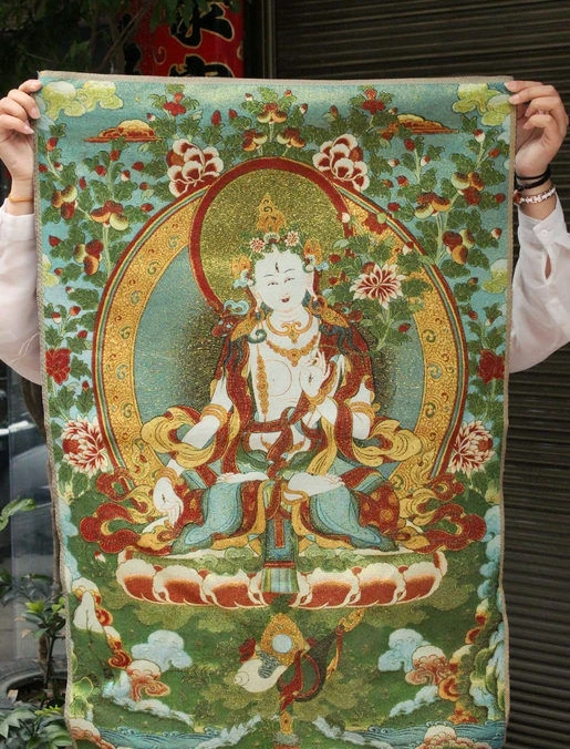 36&quot Tibet Buddhism Silk Cloth White Tara Goddess Thangka Embroidery Mural |