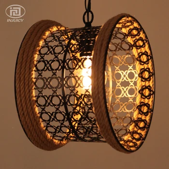 

Southeast Asian Style Rope Pendant Lamp Weave Village Restaurant Bar Cafe Vintage Waist Drum Edison Bulb Pendant Lights