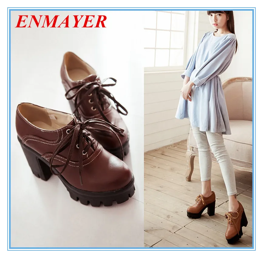 

ENMAYES Basic Lace-Up Leisure pumps Closed Toe thick heels three colors shoes for girls large size:34-43 grade PU women pumps