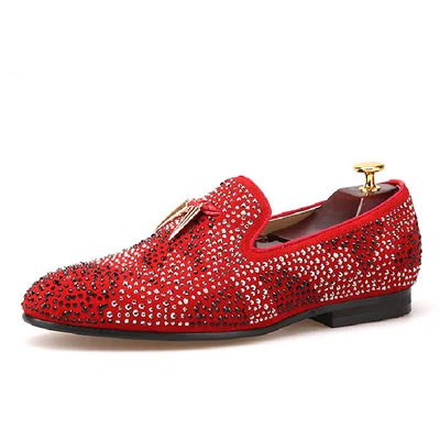 Красные и черные замшевые мужские туфли с золотыми кисточками и изысканными кристаллами; мужские свадебные и вечерние лоферы; Мужские модельные туфли; мужская обувь на плоской подошве - Цвет: Красный