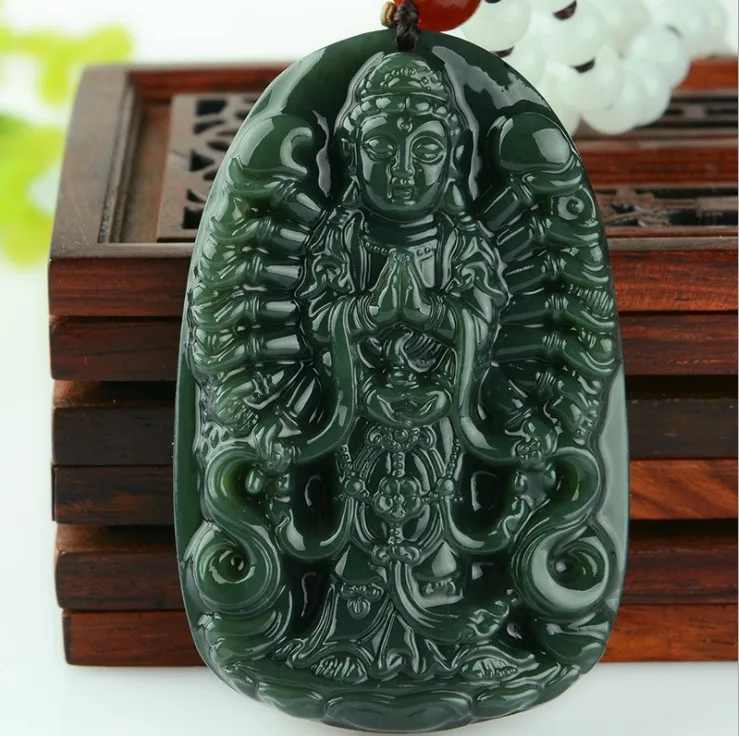

Natural hetian jade Avalokitesvara QINGYU large QIANSHOUGuanyin luck amulet green pendant with necklace