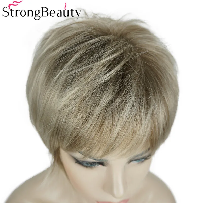 StrongBeauty короткие прямые парики мягкие волосы слоистые Shag Омбре блонд/красный полный синтетический парик