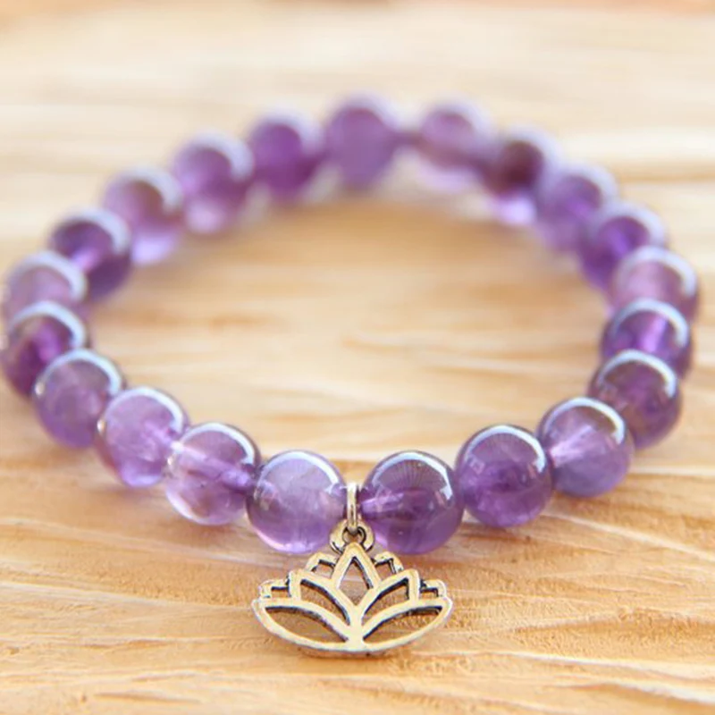 

Amethysts With Lotus Charm Bracelet For Women Mala Beads Bracelet Purple Stone Wrist Healing Crystal Jewelry