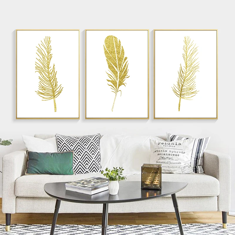 

Minimalist Golden Feathers Canvas Art Painting Print And Posters Wall Pictures For Living Room Modern Home Decor No Frame
