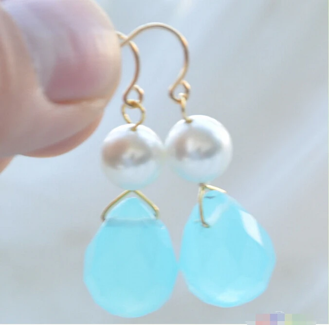 

Free shipping@@@@@ P4193 17mm blue-sky Teardrop faceted crystal white round pearl dangle earring 6.10