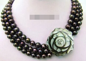 

huij 003407 3 Rows 7-8 mm Genuine Black Pearl 18KWGP Shell Flower Clasp Necklace
