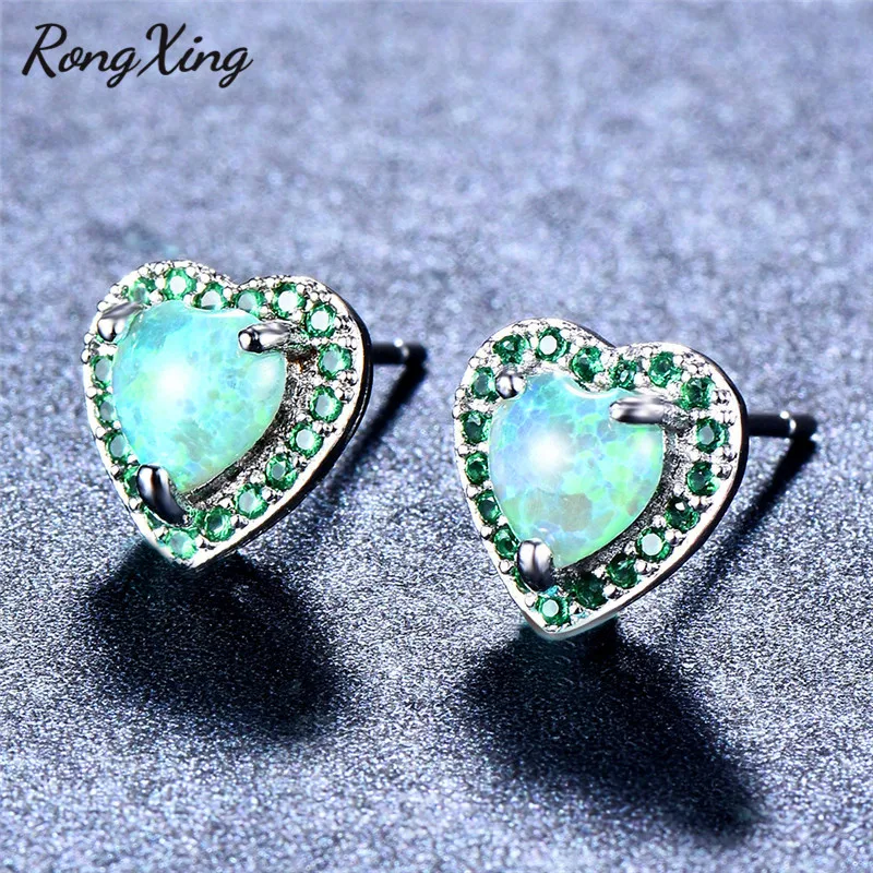 Женские серьги гвоздики RongXing Серебристые в форме сердца с зеленым огненным