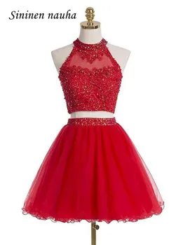 

Short 2 Piece Prom Party Dresses High Neck Appliques Beaded A Line Homecoming Cocktail Dress For juniors Vestido De Festa 114