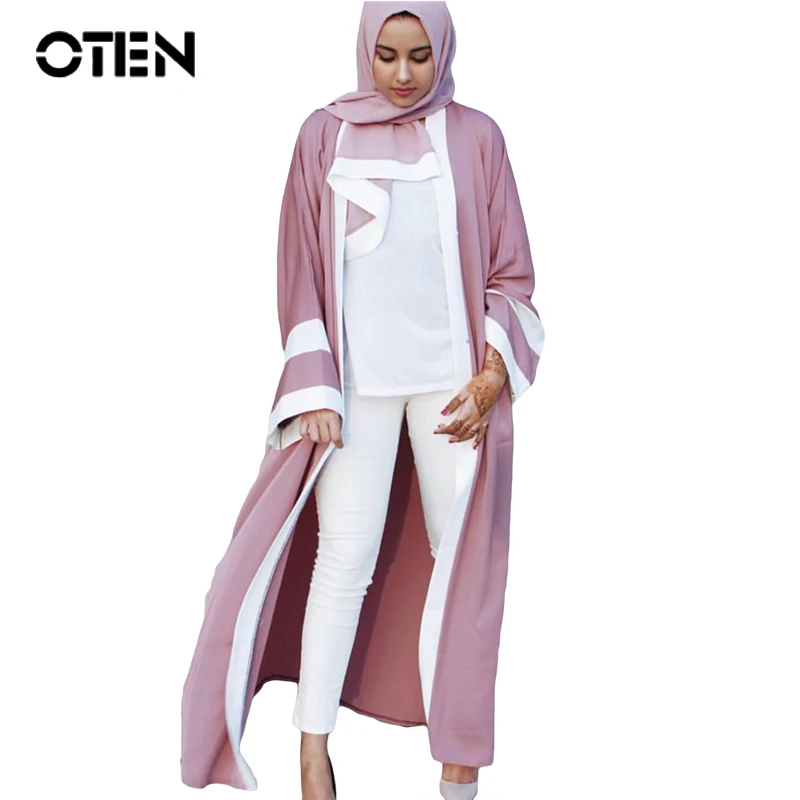 

OTEN 2018 Fashion Women's Abaya dubai turkey Long Sleeve contrast color hijab islamic cardigans Dress for prayer moslim kleding